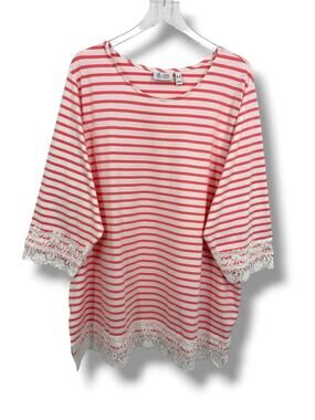 Denim & Co. blouse 3X lace trim stripe red white cotton tunic nautical beach